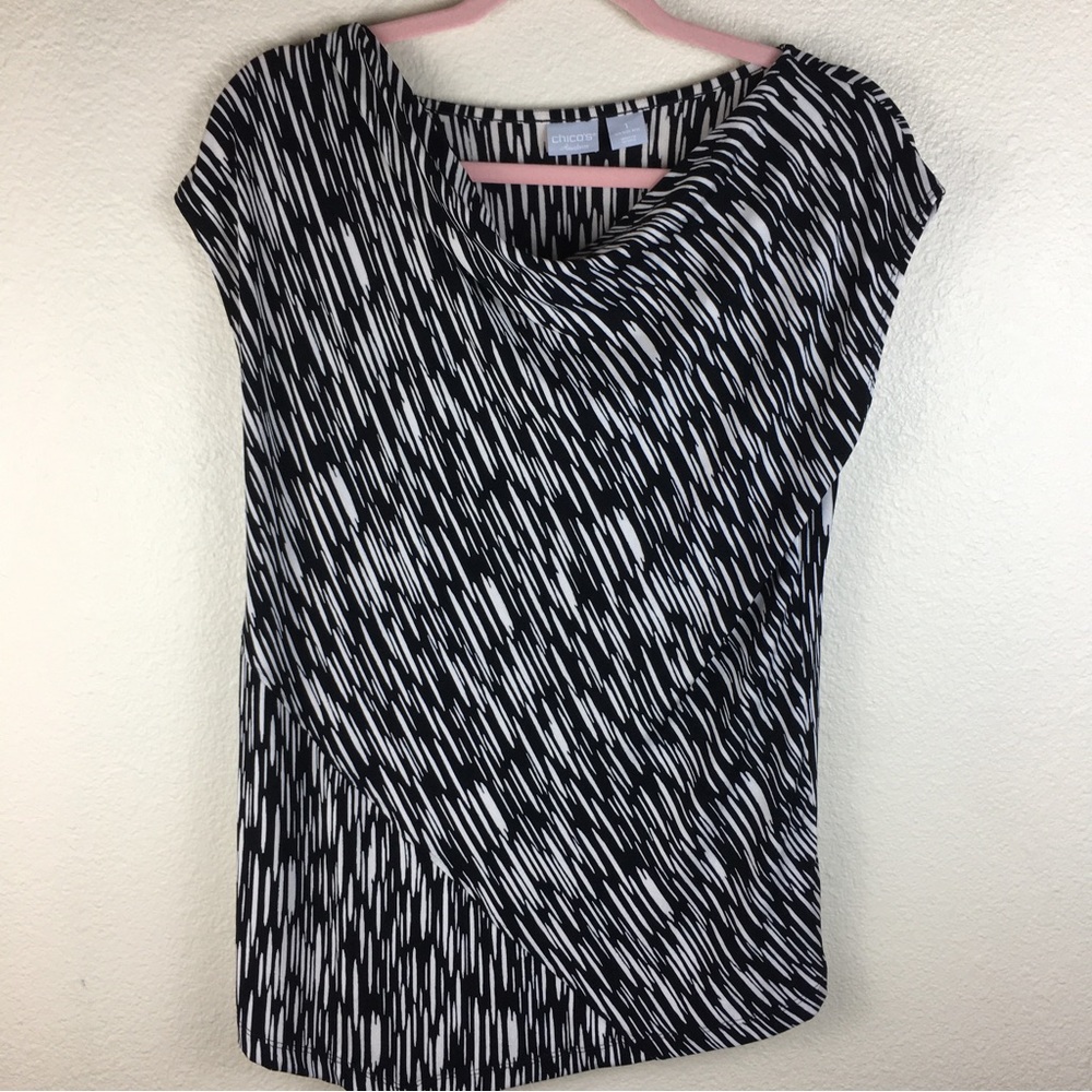 Chico's Travelers Women's Black Cream Cowl Neck Asymmetric Hem Top Size 1 8/10